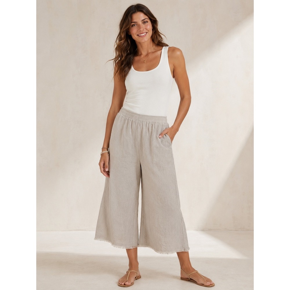 JW Los Angeles Johnny Was Linen Wide Leg Cropped Pants Beige Frayed Hem Small
